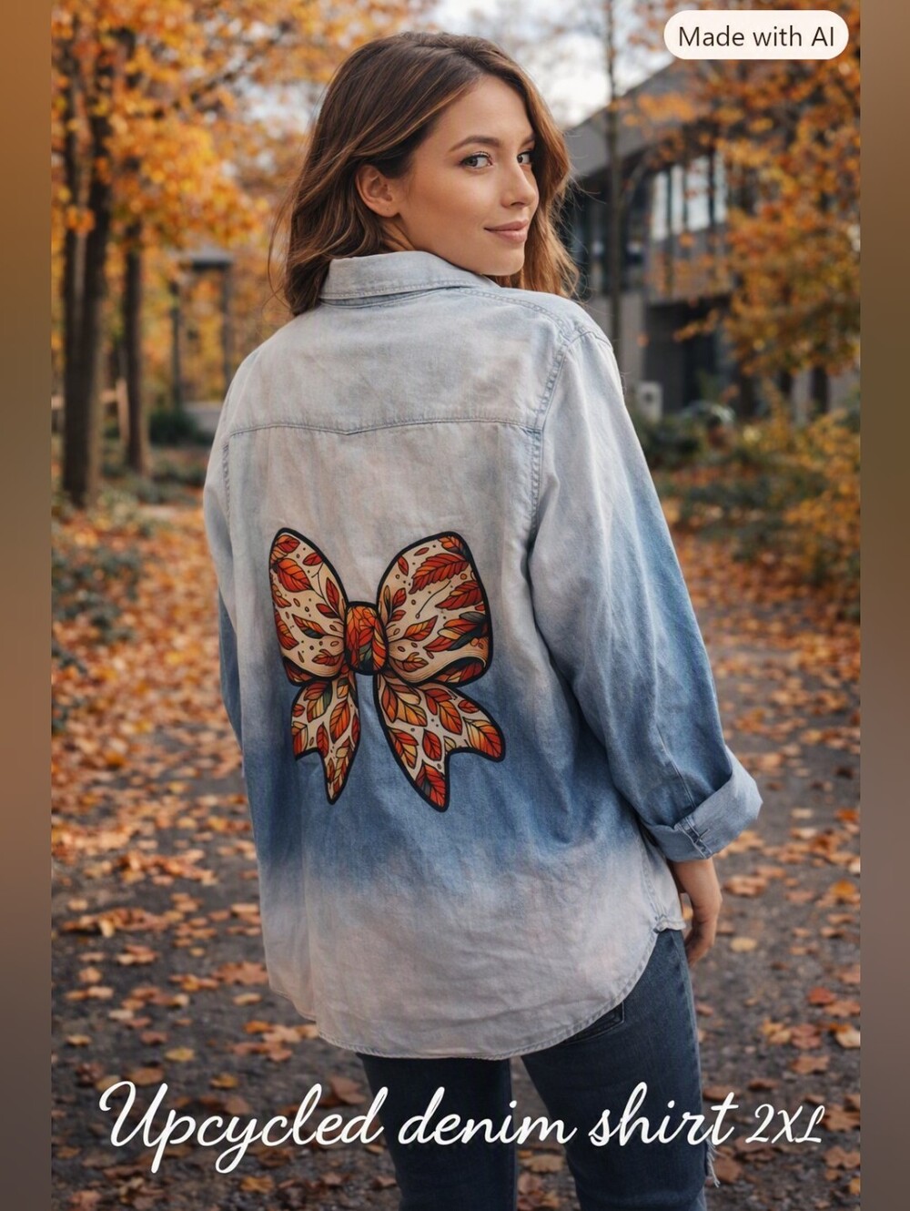 Upcycled Denim Shirt 2XL Fall Bow Design | Handmade Vintage Style 0055
